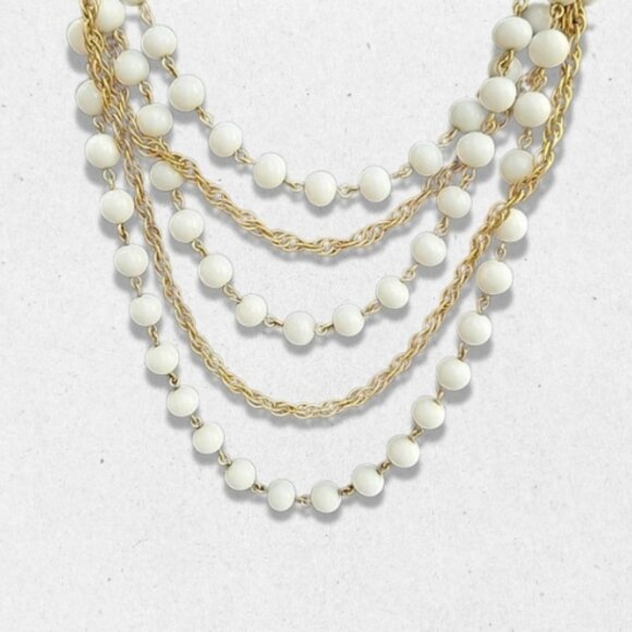 Vintage Milk Glass Beads Necklace Five Strand Style Lobster Clasp White/Gold OS - Picture 2 of 4